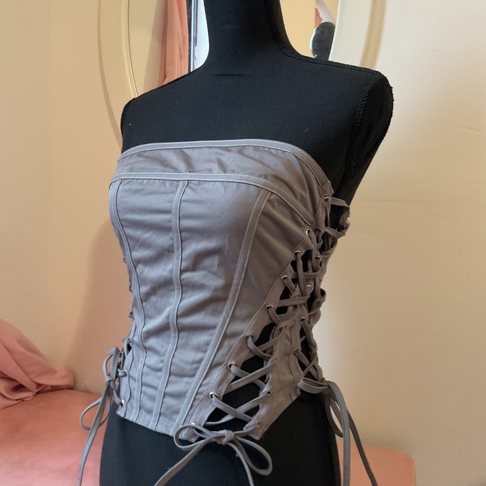 PrettyLittleThing Gray Lace-Up Corset Top